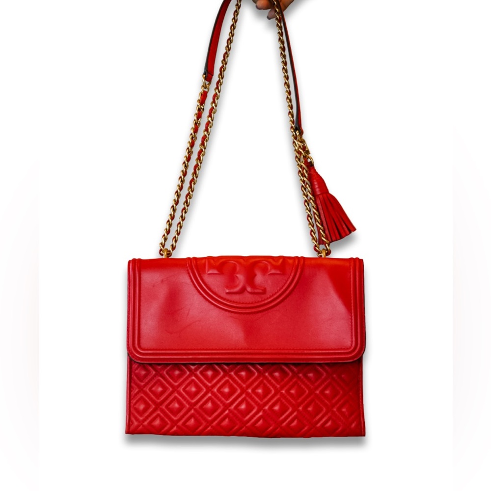 Tory Burch Fleming Convertible Shoulder Leather Bag in Brilliant Red